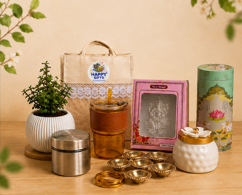 Affordable return gift hamper by Happy Gifts for housewarming, weddings, birthdays, and festive celebrations.