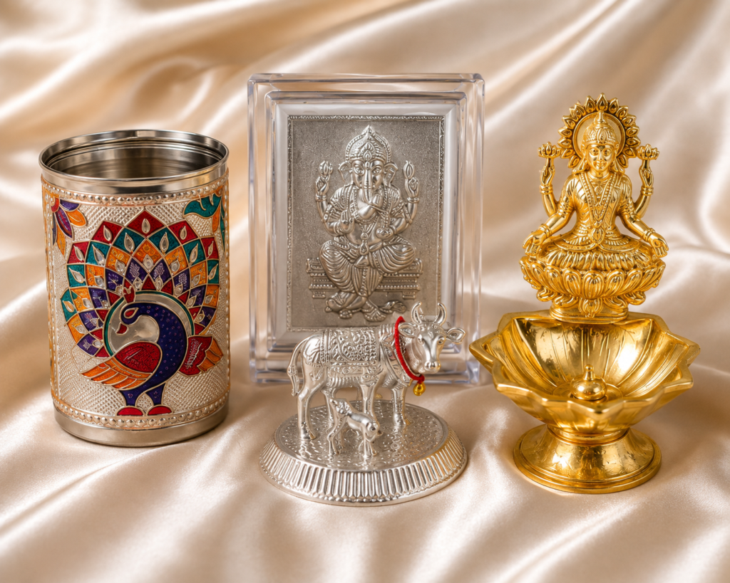 Collection of German silver God idols and decorative frames for spiritual gifting, festivals, weddings, and housewarming celebrations.