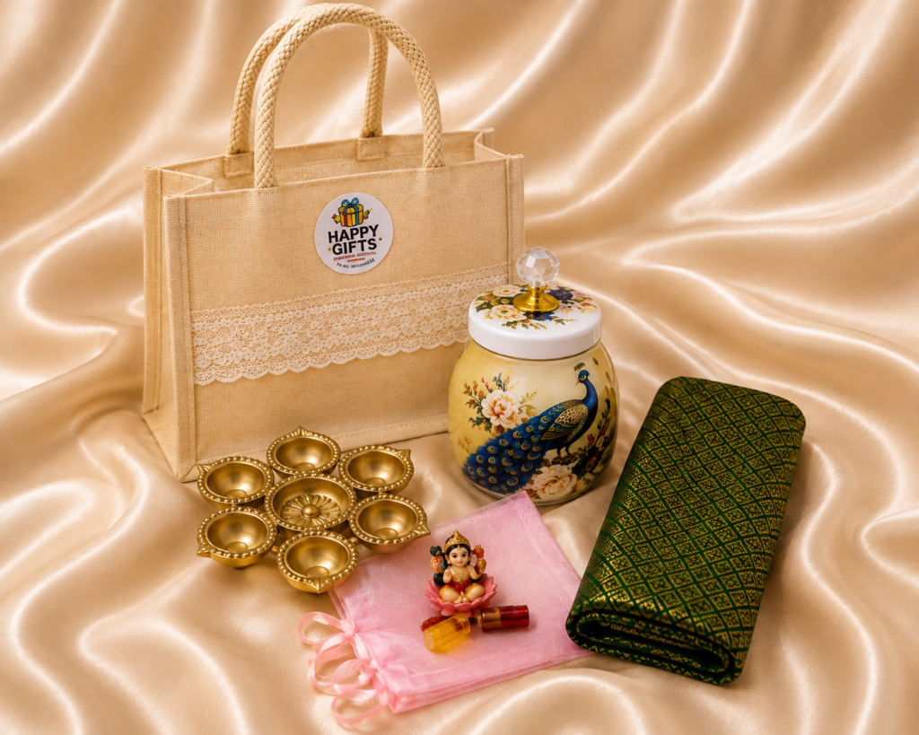 Traditional Thambulam set with decorative peacock jar, brass diya set, Lakshmi idol, blouse piece, and jute bag for return gifts, housewarming ceremonies, weddings, and festive occasions.